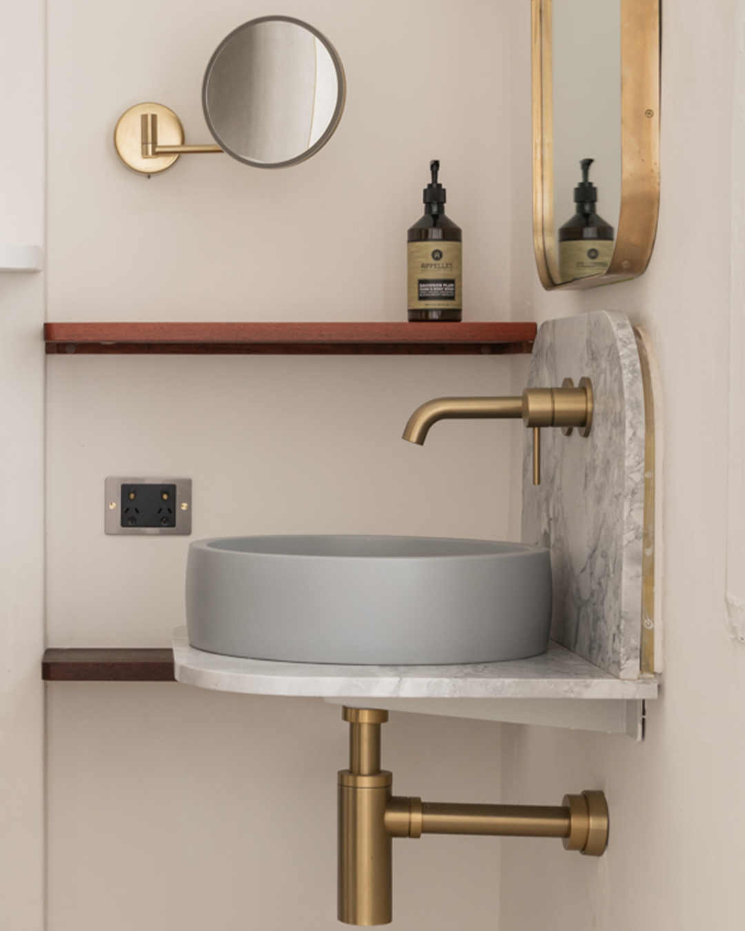 Nood Co Hoop Concrete Basin in Sky Grey, installed in a finished bathroom