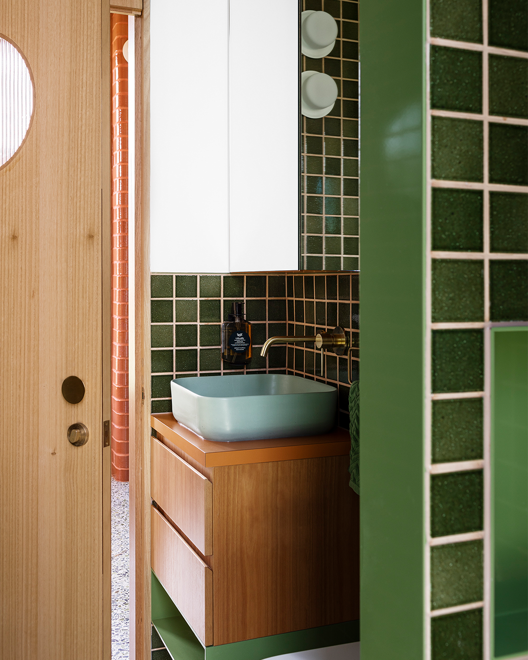Nood Co Cube Concrete Basin in Powder Blue, installed in a finished bathroom