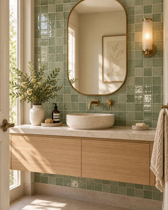 Zellige Square Green gloss mosaic bathroom vanity wall #Colour_Green