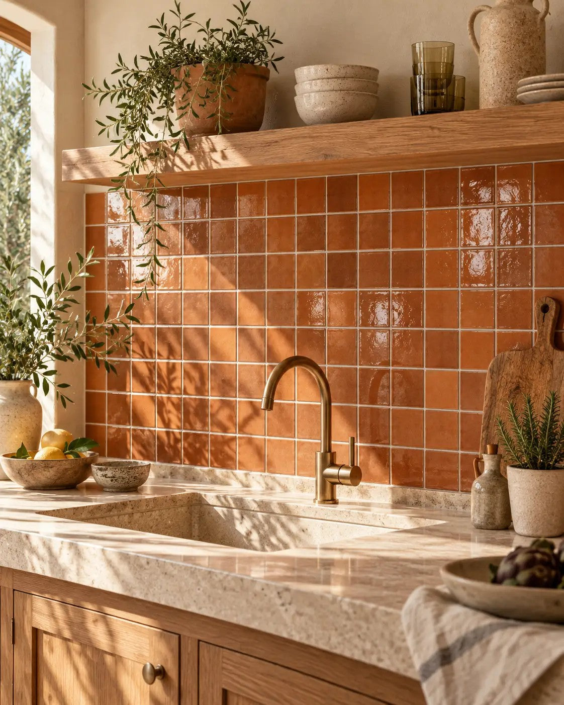 Zellige Square Terracotta gloss mosaic kitchen splashback